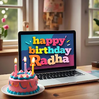 मेज़ पर laptop के ऊपर हैप्पी बर्थडे राधा लिखा है और साथ मे cake candles भी हैं