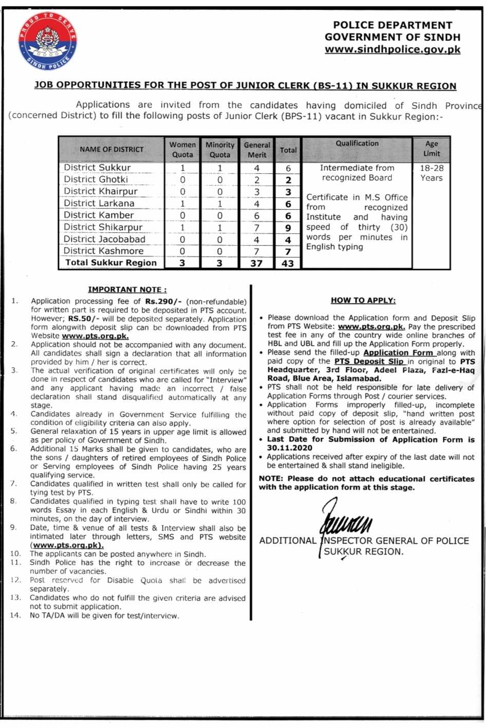 Sukkur Region Sindh Police Junior Clerks (BS-11) Jobs 2020 Via PTS Apply Online 43 Positions