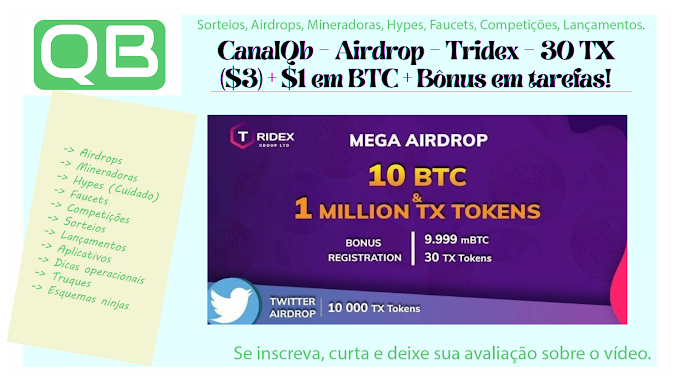 CanalQb - Airdrop - Tridex - 30 TX ($3) + $1 em BTC + Bônus em tarefas! - Finalizado 