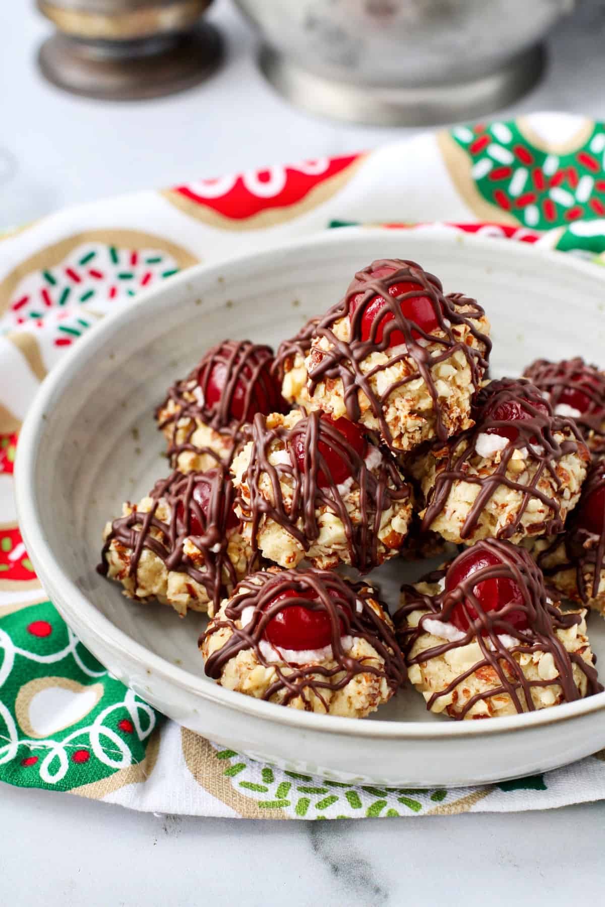 Chocolate Covered Cherry Cookies in a shallow bowl.