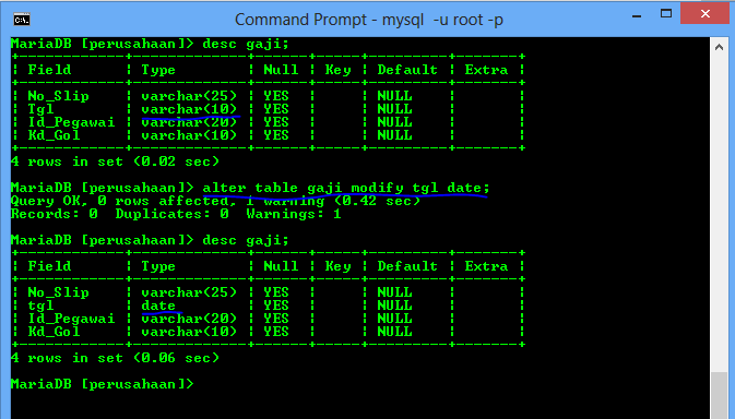 Contoh Latihan DDL dari CMD