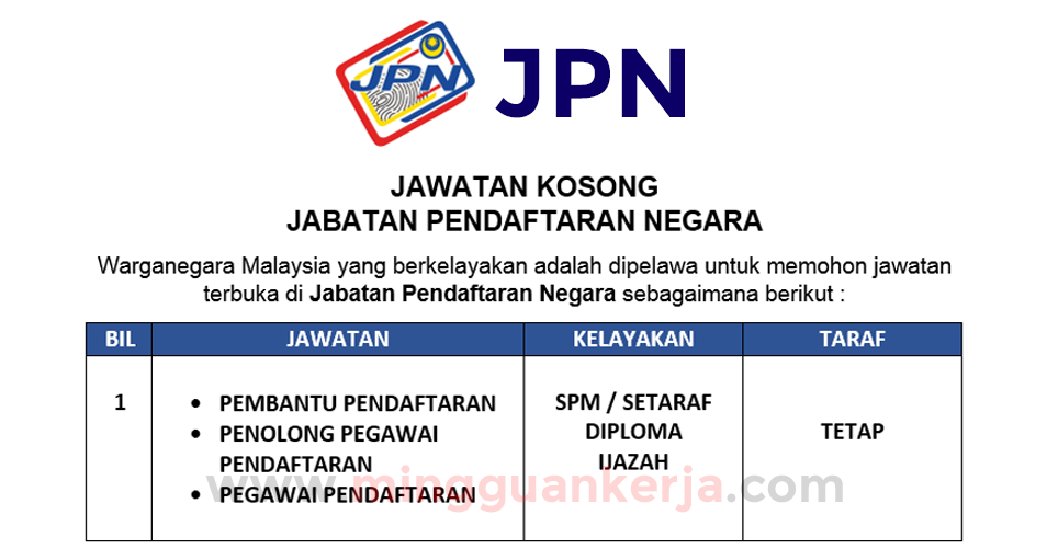 Permohonan Jawatan Kosong Di Jabatan Pendaftaran Negara Kekosongan Pelbagai Negeri