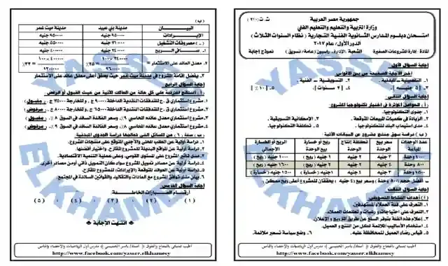 اجابات امتحانات الاعوام السابقة فى مادة ادارة المشروعات الصغيرة للصف الثالث الثانوى التجارى (دبلوم التجارة) الترم الاول