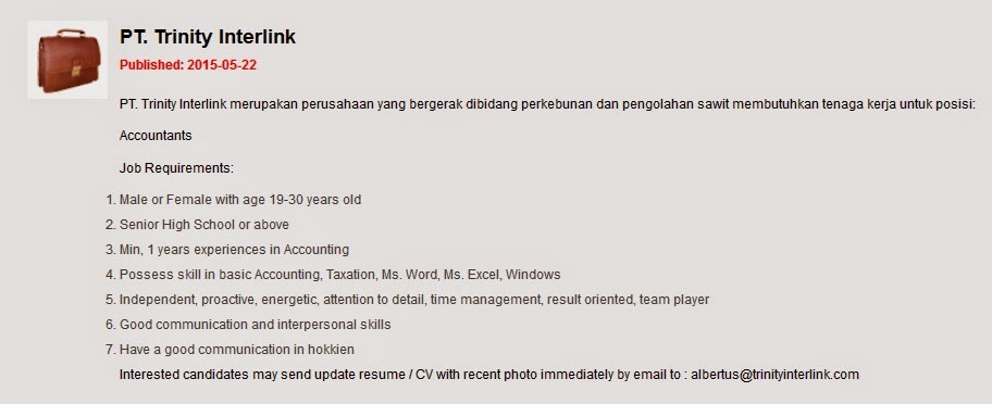 Kerja SMA PT Trinity Interlink Medan | Lowongan Kerja Terbaru 2015