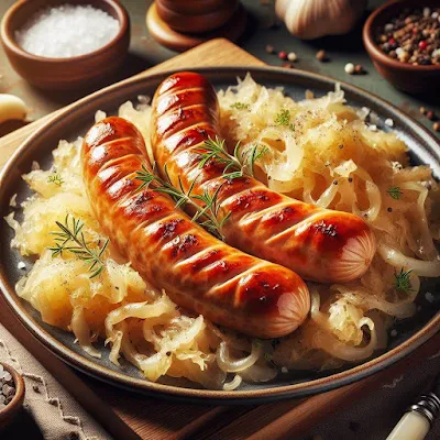 Auf dem Bild ist ein Teller mit einer Bratwurst und Sauerkraut zu sehen. Die Mahlzeit sieht sehr lecker und appetitlich aus.