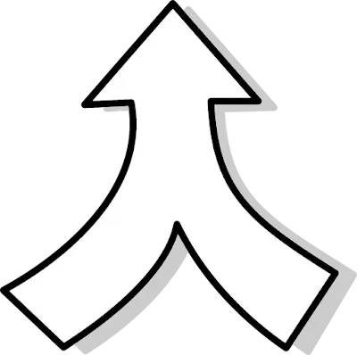 Two curved shapes join to form a single pointed arrow