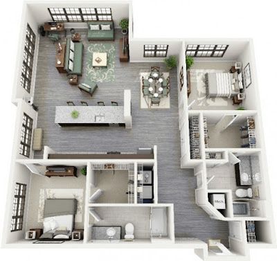2 bedroom floor plans with combined living, dining and breakfast nook