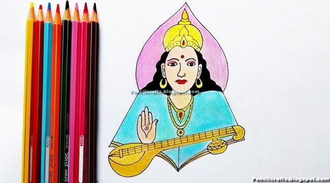 New Saraswati Devi Colored Pencil Drawings