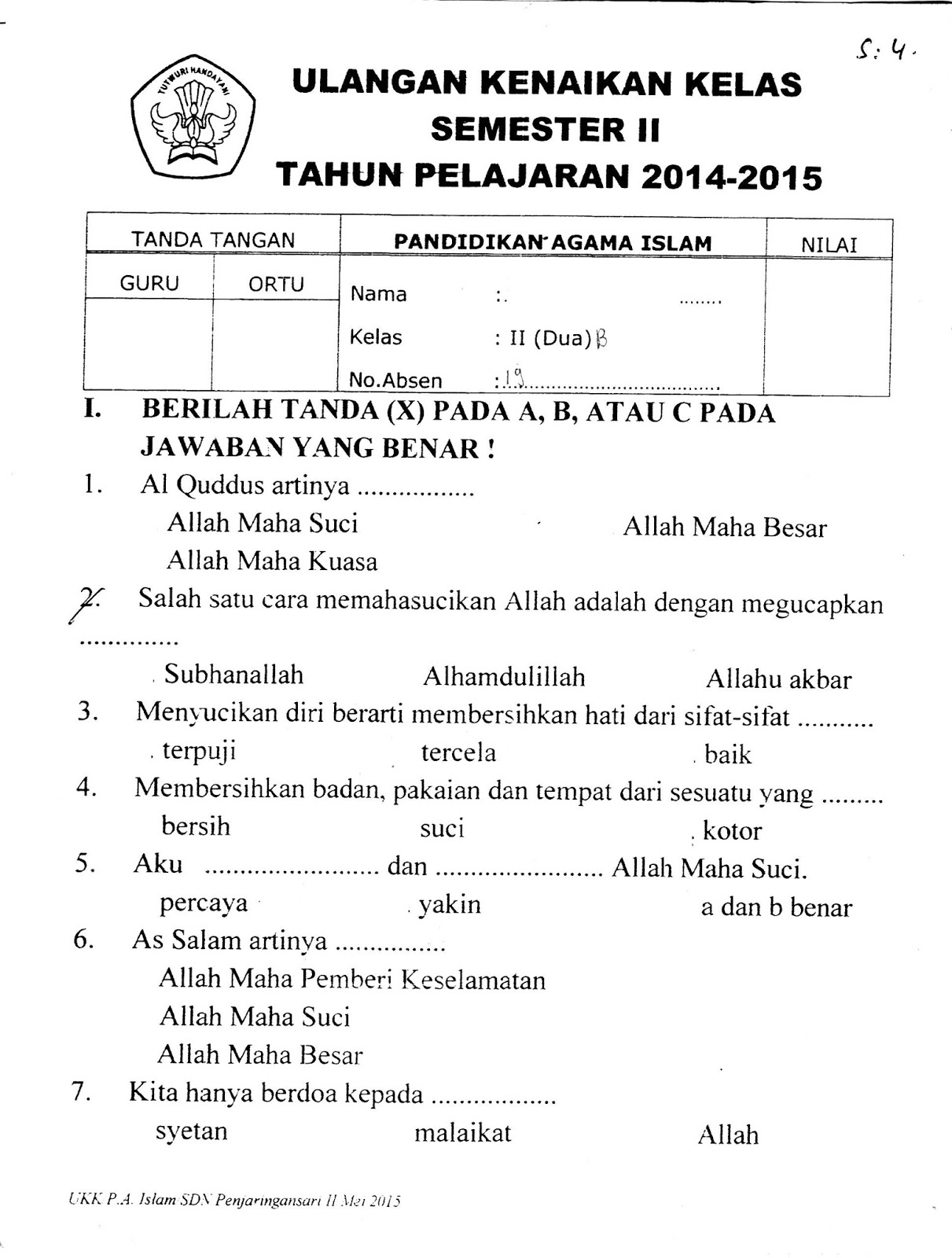 UKK Agama Islam SD Kelas 2 TA 2014 2015 Semester Genap Kurikulum 2013