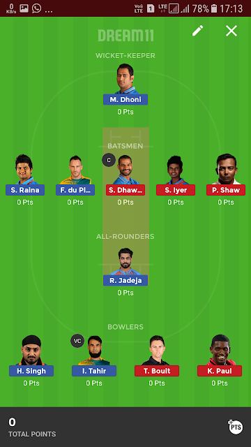 Delhi vs Chennai Dream11team 2nd Qualifier