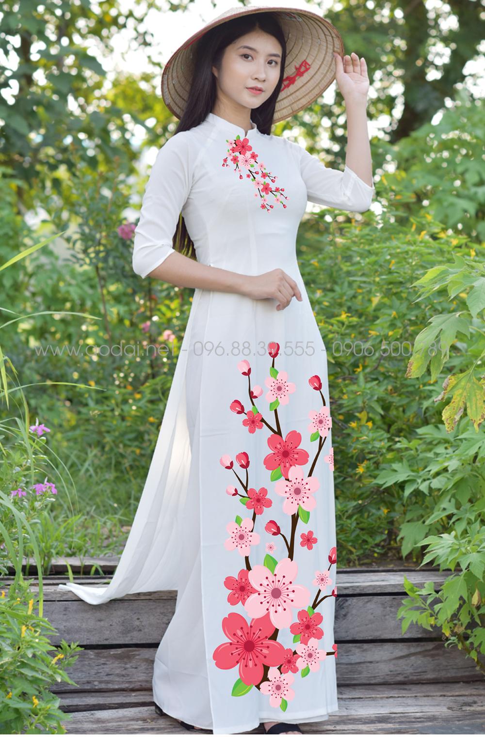 Áo dài nữ màu trắng in hoa 13