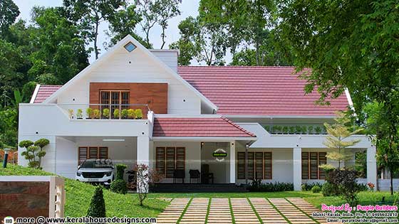 Close up view of Completed 4-Bedroom Sloping Roof Style House in Kerala