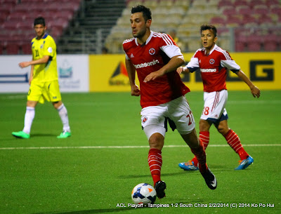 South China AA's Andrew Barisić running with the ball during the AFC Champions League playoff against Tampines Rovers at the Jalan Besar Stadium back in February 2014