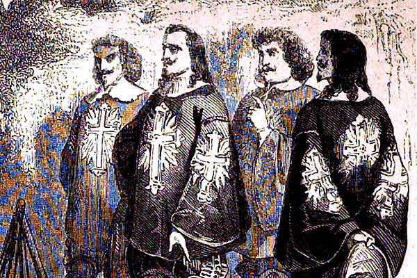 in a black-and-white pen-and-ink drawing, four long-haired men in capes and frilly clothes look off camera
