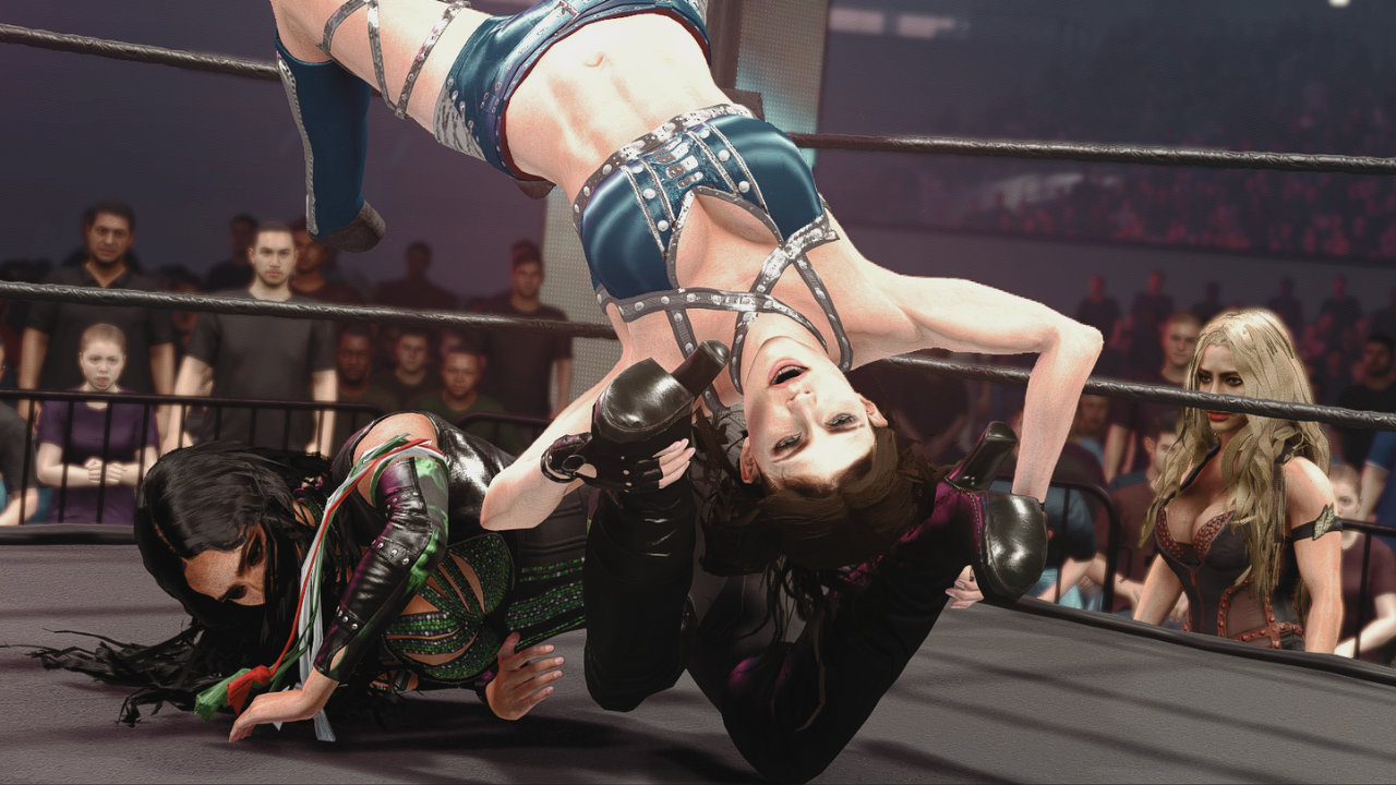 Tag partnet Sofia Vergara looks on as Salma Hayek completes a reverse hurricanrana