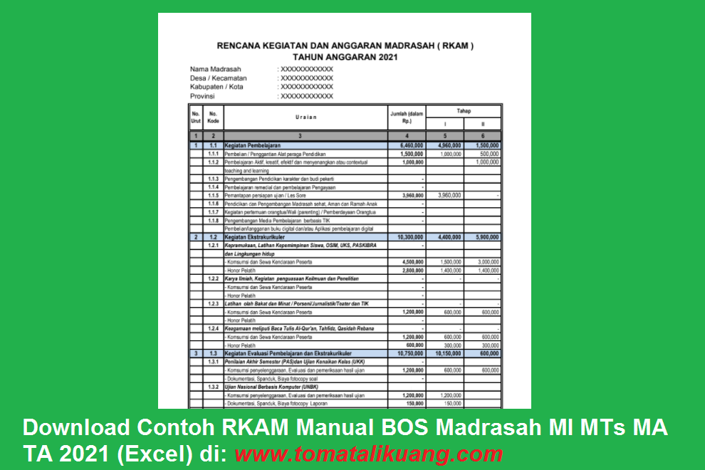 Download Contoh RKAM Manual BOS Madrasah MI MTs MA 2021 Excel
