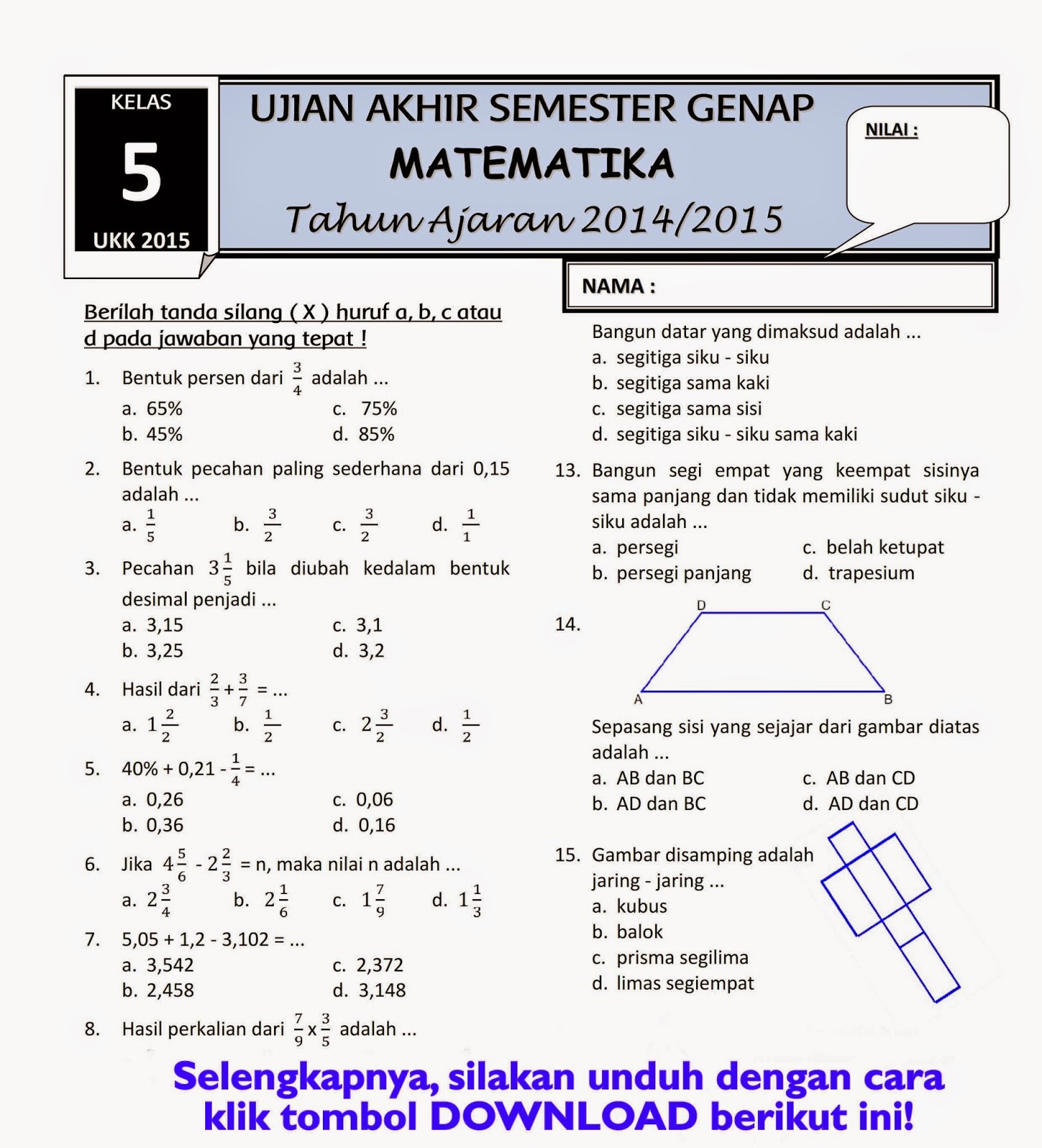 Soal Matematika Kelas 2 Sd Ktsp 2006 