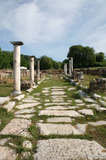 Η πλακόστρωτη οδός (Via Colonnata) με κιονοστοιχίες στοών εκατέρωθεν.