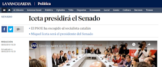 Captura de La Vanguardia con titular "Iceta presidirá el Senado"