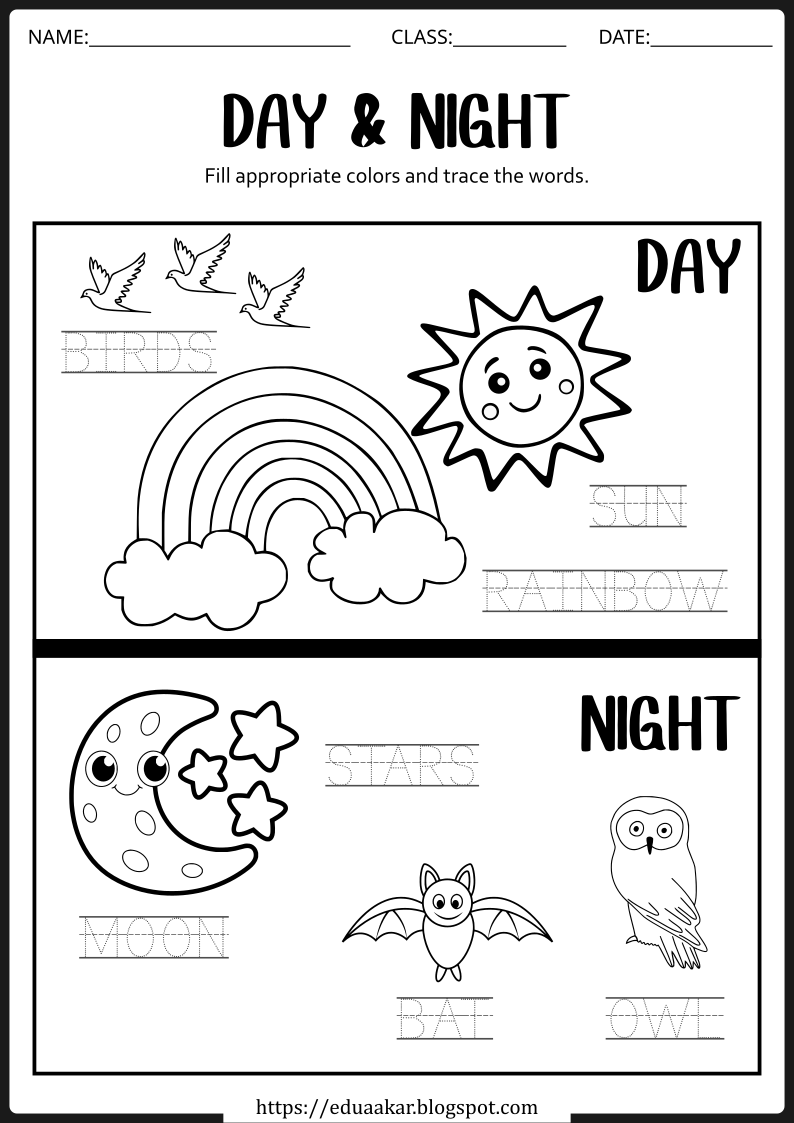 Day and Night - Draw and Trace Worksheet