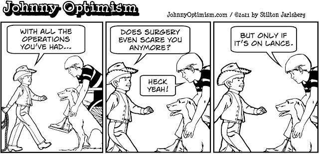 johnny optimism, medical, humor, sick, jokes, boy, wheelchair, doctors, hospital, stilton jarlsberg, lance, ladybug, surgery, veterinarian, tplo