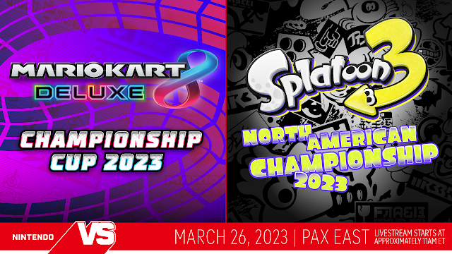 Arte que divulga os campeonatos de Mario kart 8 Deluxe e Splatoon 3 na feira PAX East 2023.