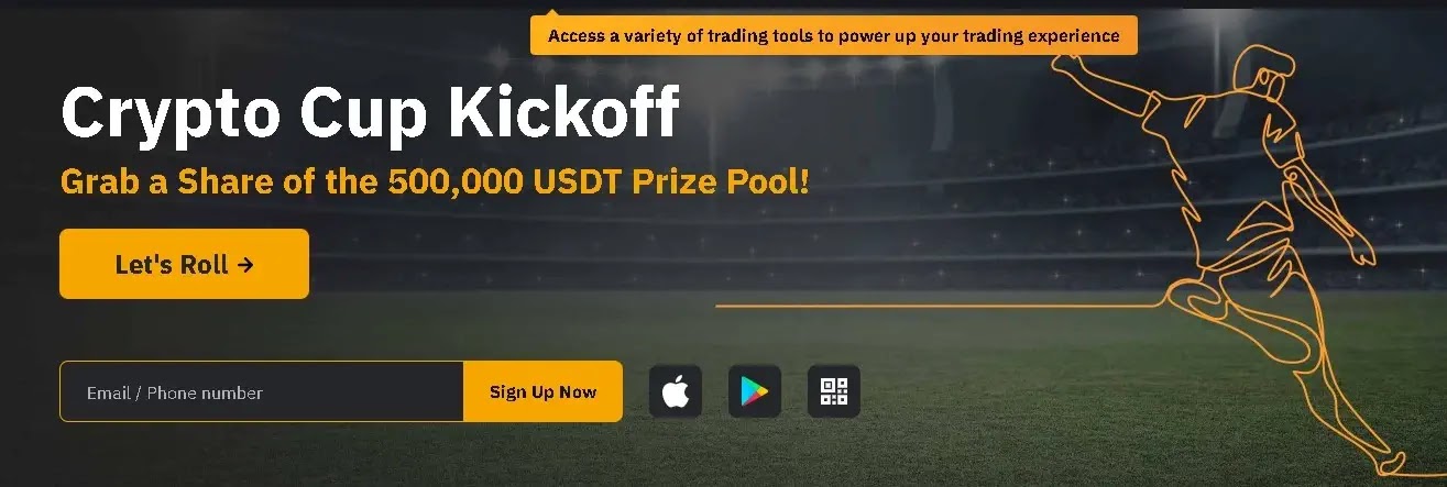 Image is showing how to grab a share of 500,000 USDT prize pool in bybit crypto cup kick off