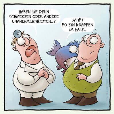 Piranhas Arztbesuch Arzt Untersuchung Schluckbeschwerden Halskratzen Arm dran HNO Brechreiz Cartoon Cartoons Witze witzig witzige lustige Bilder Bilderwitz Bilderwitze Comic Zeichnungen lustig Karikatur Karikaturen Illustrationen Michael Mantel lachhaft Spaß Humor Witz