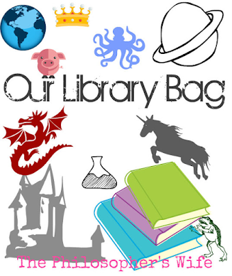 Our Library Bag by The Philosopher's Wife Logo including clip art pictures of: dragon, castle, pig, earth, books, science beakers, unicorn, frog, and crown