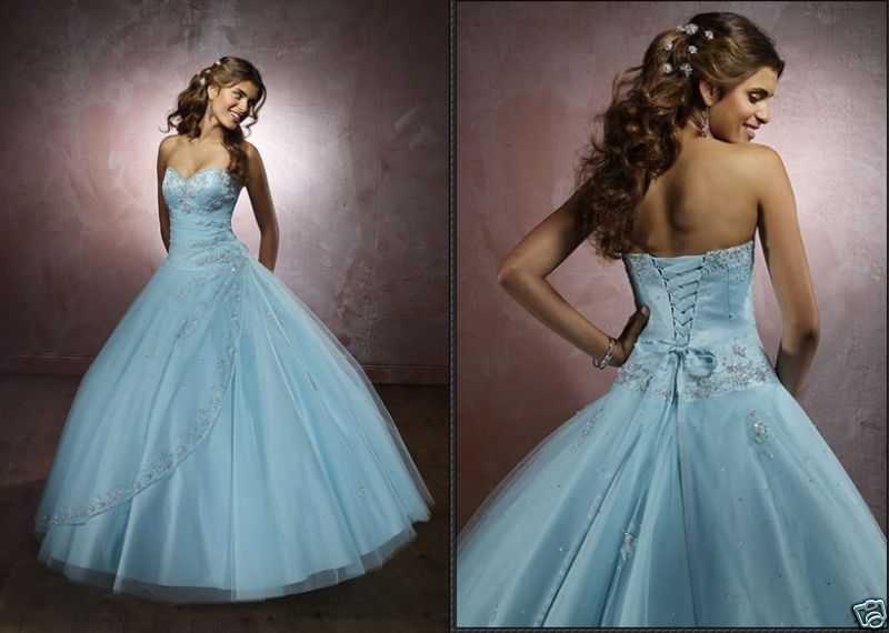 Big Blue  Wedding  Dresses  Design With Ribbon and Pearl 