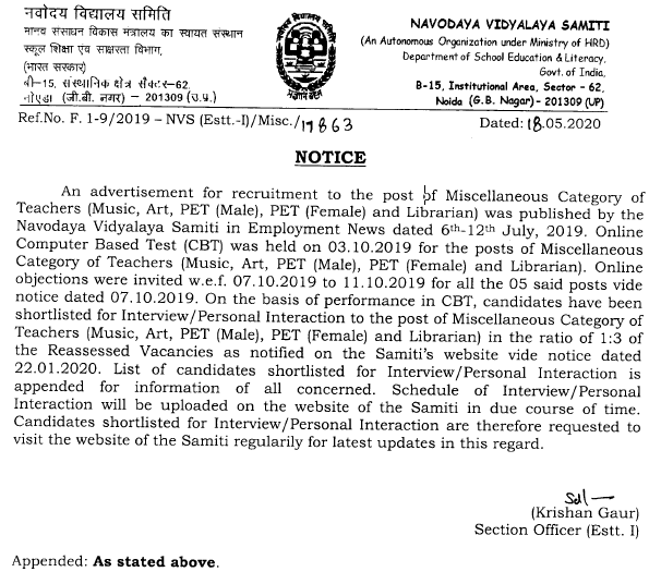 List of candidates shortlisted for Interview /Personal Interaction to the post of Miscellaneous Category of Teachers (Music, Art, PET- Male, PET-Female and Librarian) under Direct Recruitment Drive- July, 2019