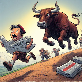 Editorial cartoon of a bull running away from a boy who is selling newspapers, with the boy running behind the bull, both running up a hill image. Generated with Microsoft Bing Image Creator