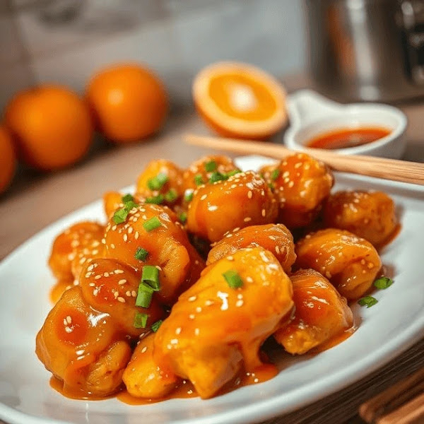 Crispy air fryer orange chicken on a white plate with chopsticks