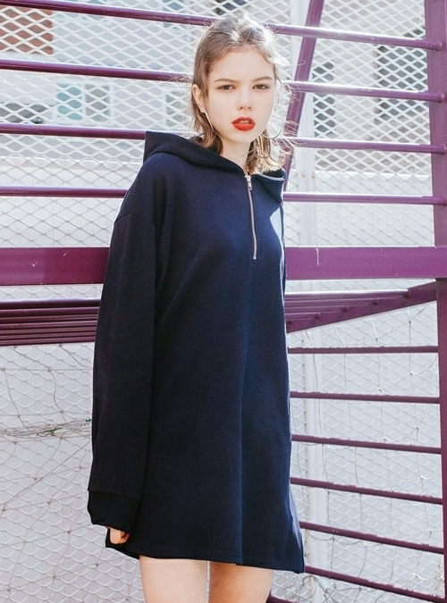 Quarter Zip Lettering Hooded Dress