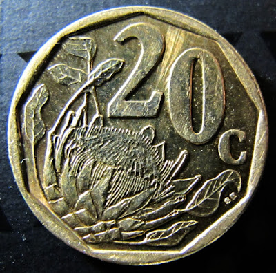 Reverse of 2013 South Africa 20 Cents, Venda Legend, denomination, flower