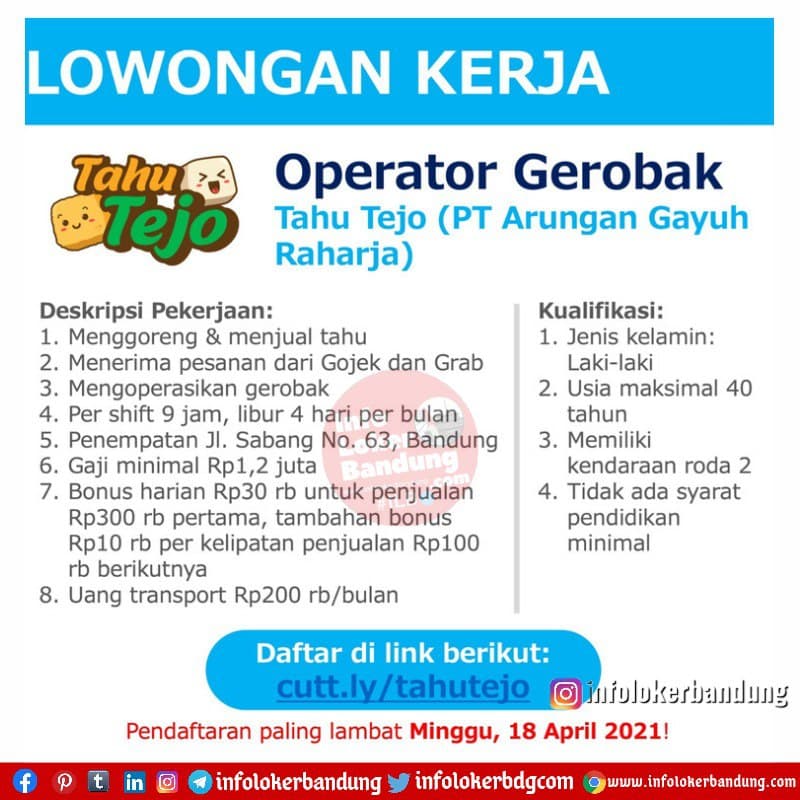 Lowongan Kerja Operator Gerobak Tahu Tejo ( PT. Arungan Gayuh Raharja) Bandung April 2021