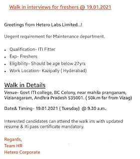 Walk in interviews for ITI Fitter Freshers in Maintance Department Hetero Labs Limited On 19th January 2021