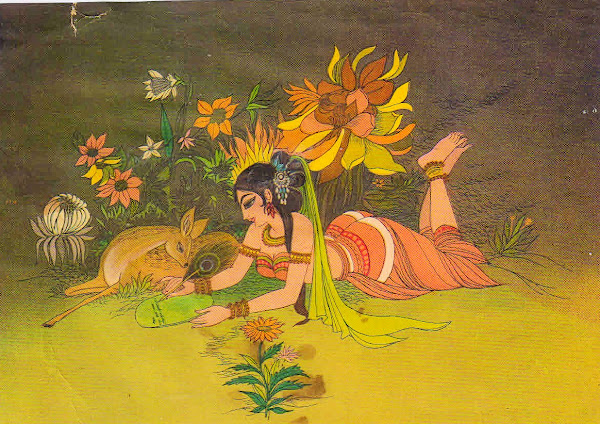 Shakuntala writing a love letter to King Dushyant on a lotus leaf