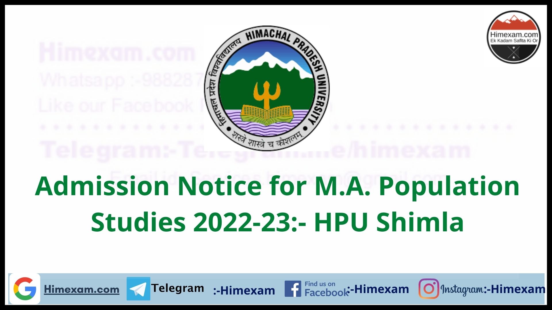 Admission Notice for M.A. Population Studies 2022-23:- HPU Shimla