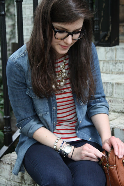 2017, summer, OOTD, chambray, stripes, personal, pearls, J.Crew, sparkly, 