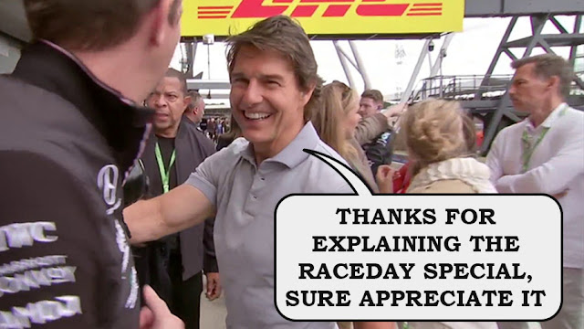 Tom Cruise thanking a pitlane mechanic, saying "THANKS FOR EXPLAINING THE RACEDAY SPECIAL, SURE APPRECIATE IT"