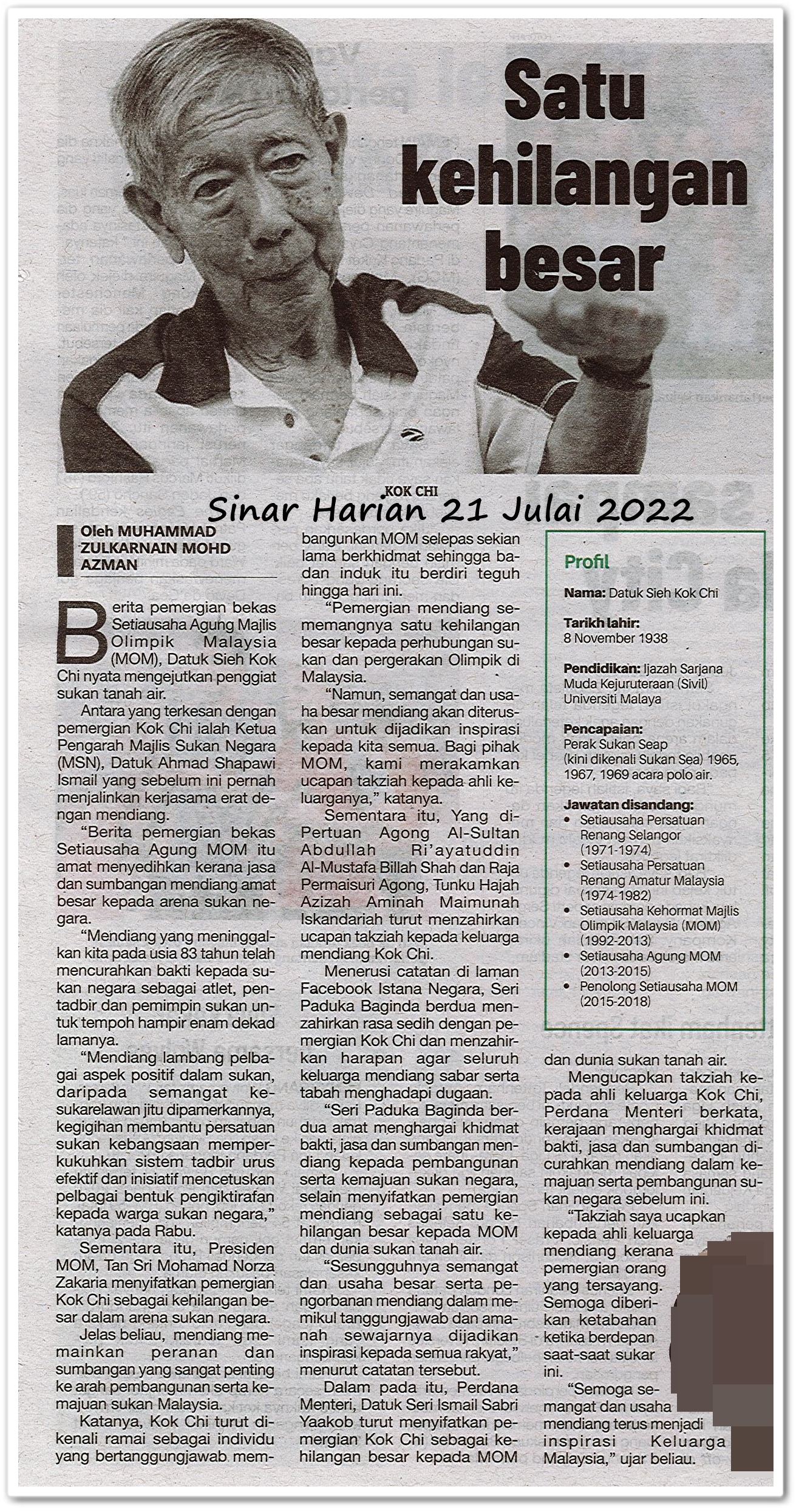 Satu kehilangan besar - Keratan akhbar Sinar Harian 21 Julai 2022