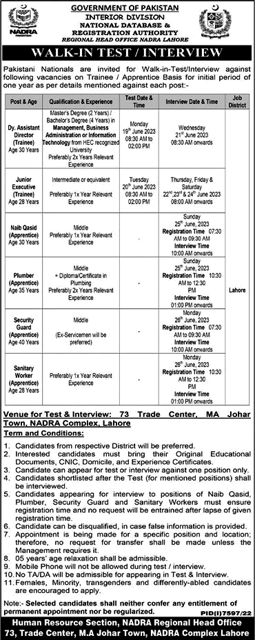 NADRA Lahore Jobs 2023