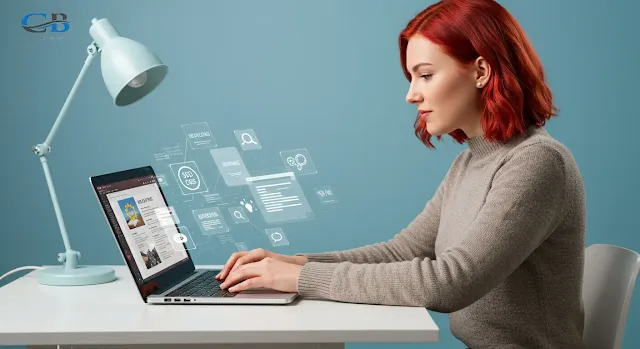 شخص يكتب على كمبيوتر محمول مع رموز تشير إلى عناصر كتابة مقال متوافق مع السيو مثل الكلمات المفتاحية والروابط