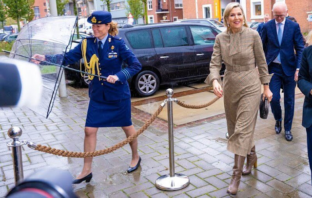 Queen Maxima wore a Franka plaid check dress by Natan Couture. Natan Fall Winter 2020 collection. Zara loral earrings