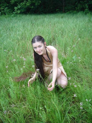 beautiful long hair woman green wood grass