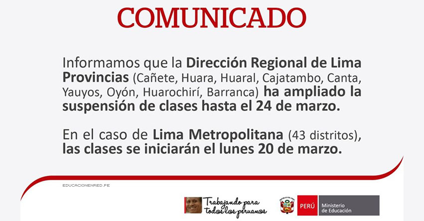 COMUNICADO MINEDU: Amplían Suspensión de Clases hasta el 24 de Marzo en Lima Provincias - DRELP - www.minedu.gob.pe