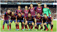 F. C. BARCELONA - Barcelona, España - Temporada 2013-14 - Neymar, Mascherano, Busquets, Piqué y Víctor Valdés; Messi, Alves, Alexis Sánchez , Cesc Fábregas, Xavi y Jordi Alba - F. C. BARCELONA 0, ATLÉTICO DE MADRID 0 - 28/08/2013 - Supercopa de España, partido de vuelta - Barcelona, Nou Camp - El Barcelona, tras empatar a 1 en el partido de ida, gana su 11ª SUPERCOPA DE ESPAÑA