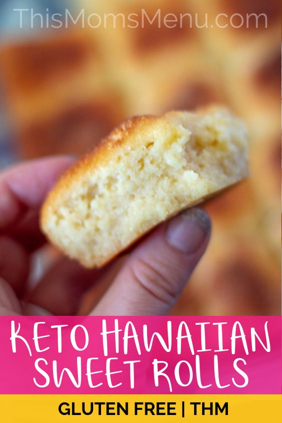 These Keto Hawaiian Sweet Rolls are so easy to make, using common low carb and gluten-free ingredients. Enjoy them warm from the oven with butter, or top them with your favorite sandwich fixings. #thismomsmenu #keto #hawaiianrolls #glutenfree #lowcarb #thm #ketobreadrecipes