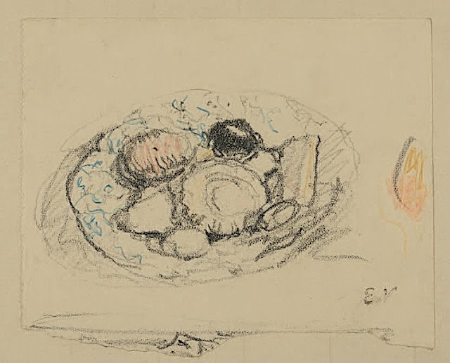 Édouard Vuillard (1868-1940) Nature morte à l'assiette c. 1919-20 Dessin au crayon noir et crayons de couleurs, 9,5 x13cm, Collection particulière